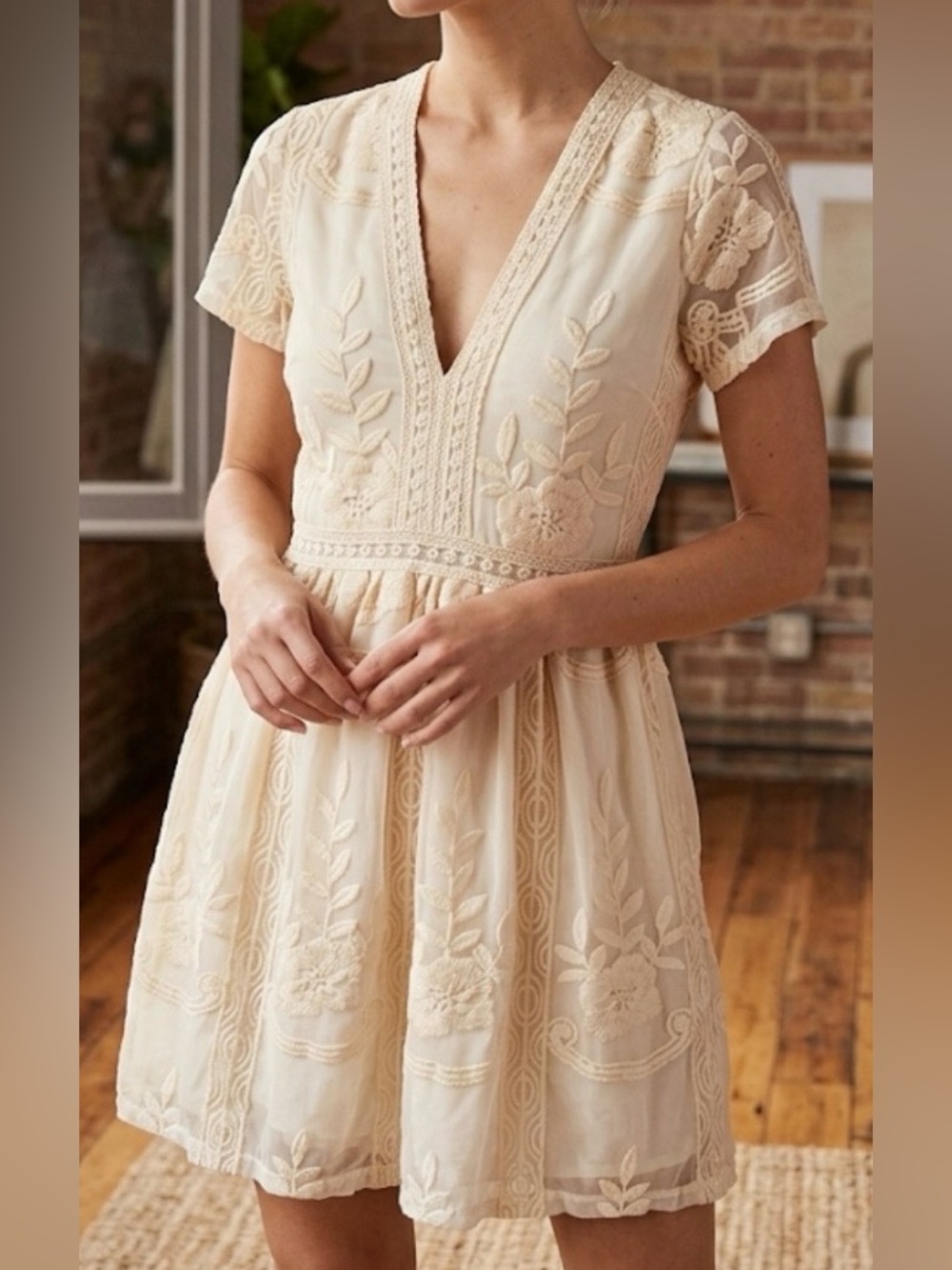 IJOAH Ivory Lace Embroidered Mini Dress Boho Bridal Graduation Mesh Floral Sz S